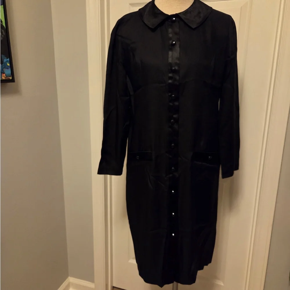 Brownstone Studio Vintage Black Satin Button-Front Long Shirt Dress size 10 - Picture 2 of 4